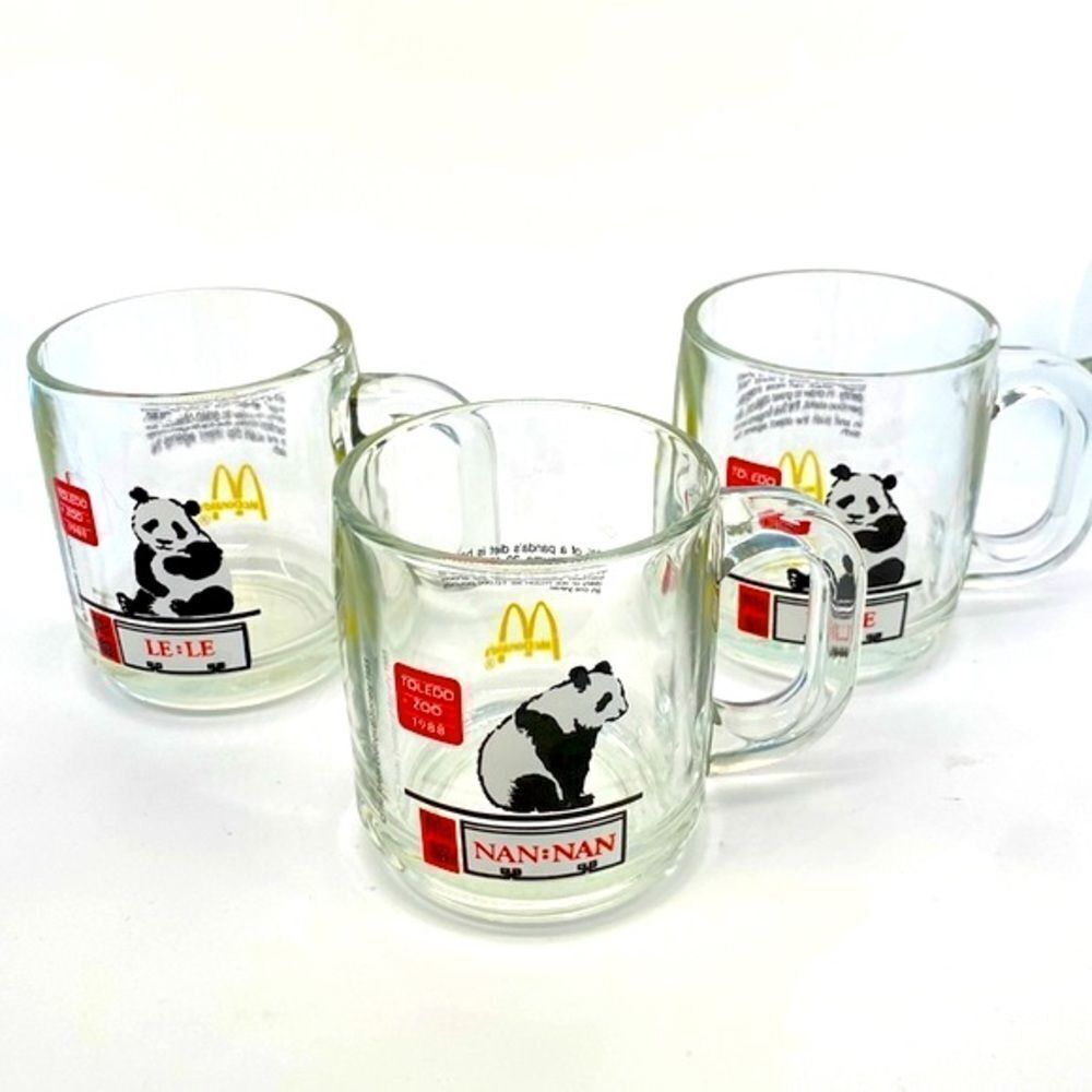 McDonald's Panda Bear Mug Set of 3 Toledo Zoo 1988 Nan Nan Le Le Clear Cups